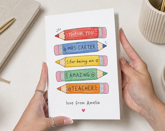 Teacher Thank You Card, Personalised Teacher Card, Thank You Teacher Card, End of Term Card, School Card from Child, Pencil Card