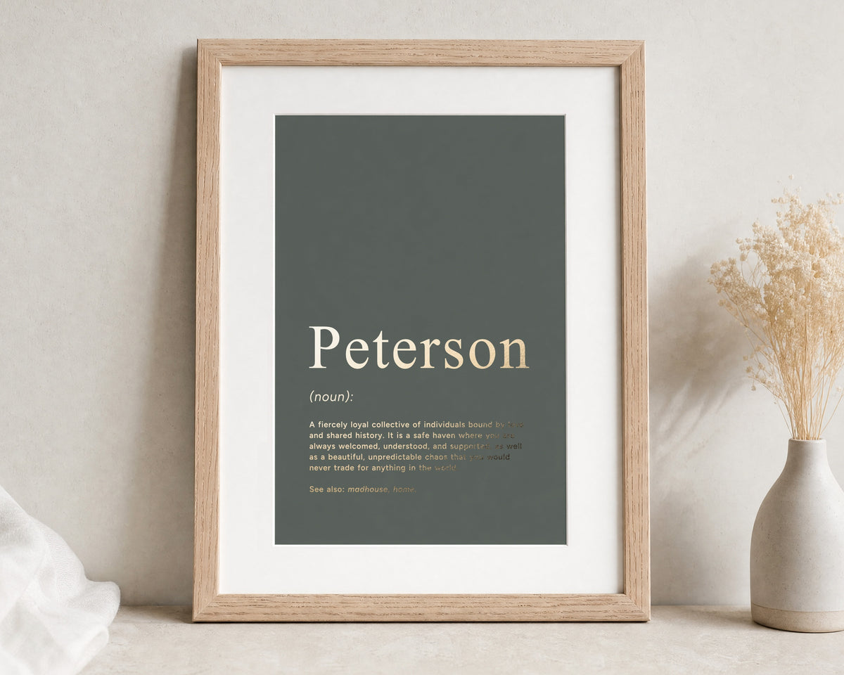 Personalised Gold Foil Family Name Print, Olive Green Wall Art, Family Gift, New Home Gift, Living Room Framed Print