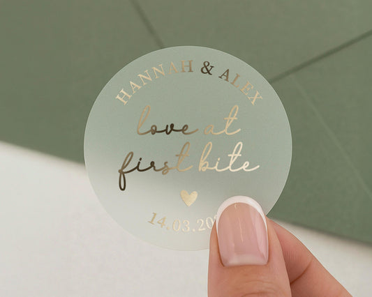 Personalised Wedding Sticker, Love At First Bite Sticker, Custom Wedding Favour Label, Gold Foil Wedding Sticker, Name Date Sticker