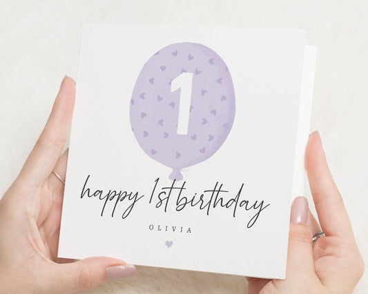 1st Birthday Card for Girl, Personalised First Birthday Card, Birthday Card for Daughter, Cute Balloon Birthday Card, Custom Name Card