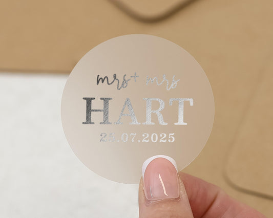 Personalised Wedding Sticker, Mr And Mrs Name Sticker, Custom Date Sticker, Silver Foil Wedding Label, Round Wedding Envelope Seal