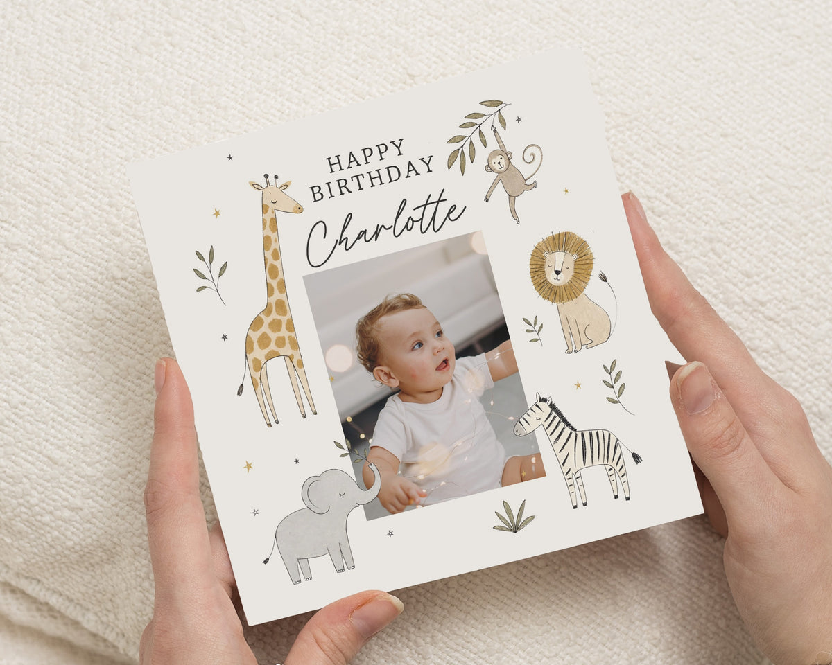 Personalised Birthday Card for Child, Safari Birthday Card, Kids Photo Birthday Card, Jungle Animal Birthday Card for Boy or Girl