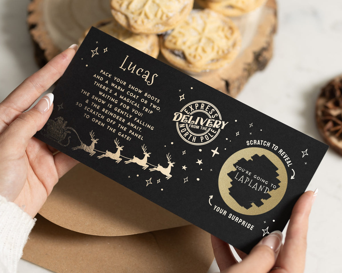 Lapland Trip Reveal Scratch Off Voucher, Christmas Gift Voucher for Kids, Holiday Reveal, Personalised Scratch to Reveal Card