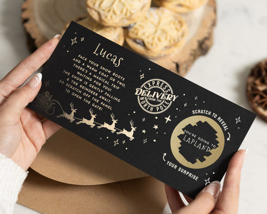 Lapland Trip Reveal Scratch Off Voucher, Christmas Gift Voucher for Kids, Holiday Reveal, Personalised Scratch to Reveal Card