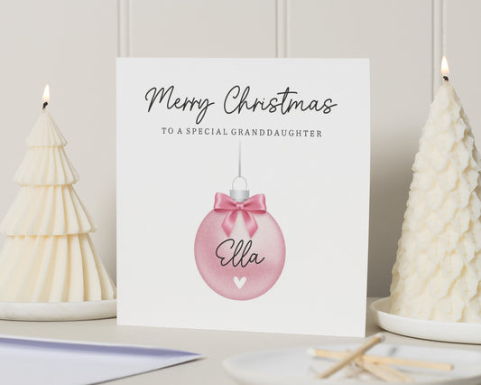 Christmas Card for Granddaughter, Personalised Granddaughter Christmas Card, Merry Christmas Card for Girl, Pink Bauble Card