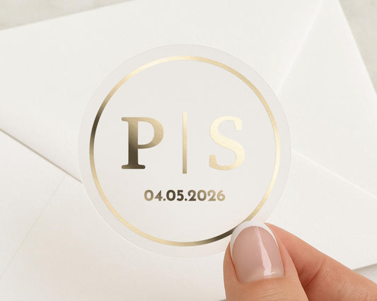 Personalised Wedding Sticker, Gold Foil Initials Sticker, Custom Date Sticker, Wedding Envelope Seal, Monogram Wedding Label
