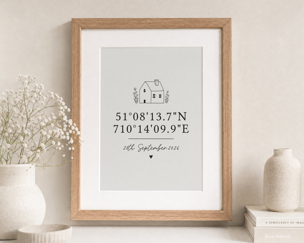 Personalised Coordinates Print, Neutral Wall Art, Custom Location Print, New Home Gift, First Home Gift, Oak Framed Portrait Print