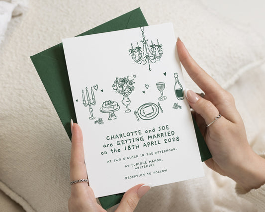 Green Illustrated Wedding Invitations, Forest Green Wedding Invite, Hand Drawn Wedding Stationery, Personalised Invitation Suite