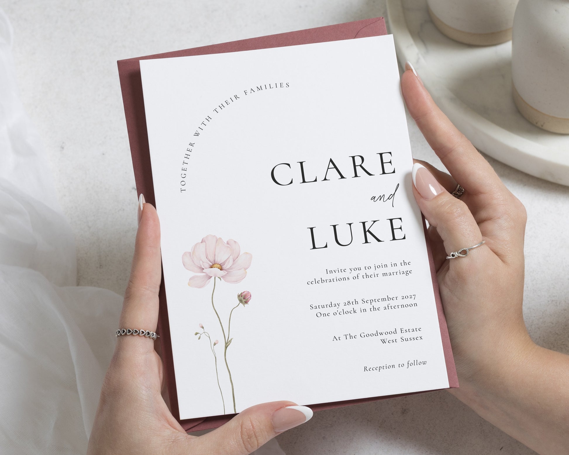 Blush Floral Wedding Invitations, Minimalist Wedding Invite, Elegant Botanical Wedding Invitation Suite, Pink Flower Wedding Stationery