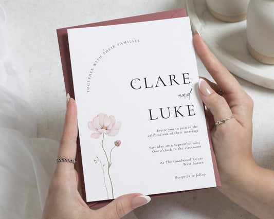 Blush Floral Wedding Invitations, Minimalist Wedding Invite, Elegant Botanical Wedding Invitation Suite, Pink Flower Wedding Stationery