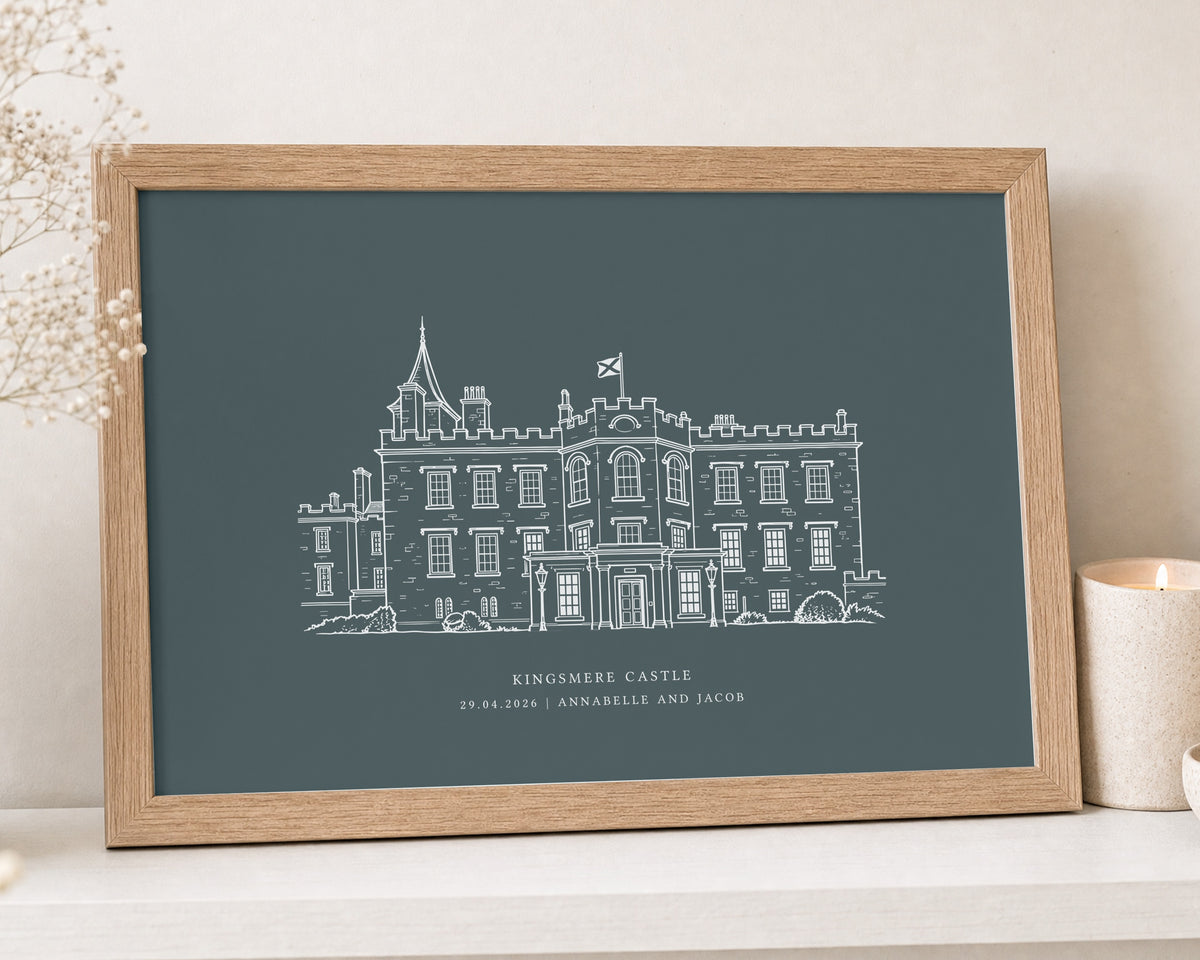 Personalised Wedding Venue Print, Teal Wall Art, Venue Line Art, Wedding Gift, Anniversary Gift, Landscape Framed Print