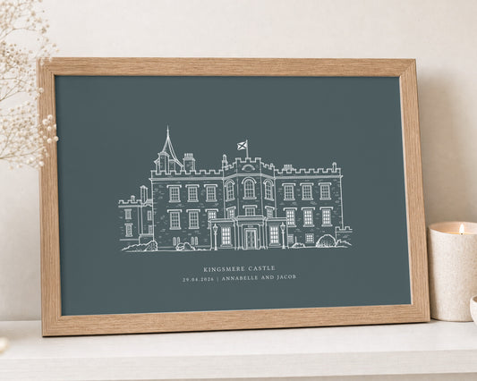 Personalised Wedding Venue Print, Teal Wall Art, Venue Line Art, Wedding Gift, Anniversary Gift, Landscape Framed Print