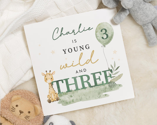 3rd Birthday Card for Boy, Personalised Safari Birthday Card, Giraffe Birthday Card, Third Birthday Card for Kids, Jungle Birthday Card
