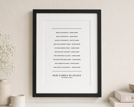 Personalised Family Playlist Print, Custom Song Wall Art, Family Music Gift, New Home Gift, Living Room Typography Print, Black Frame