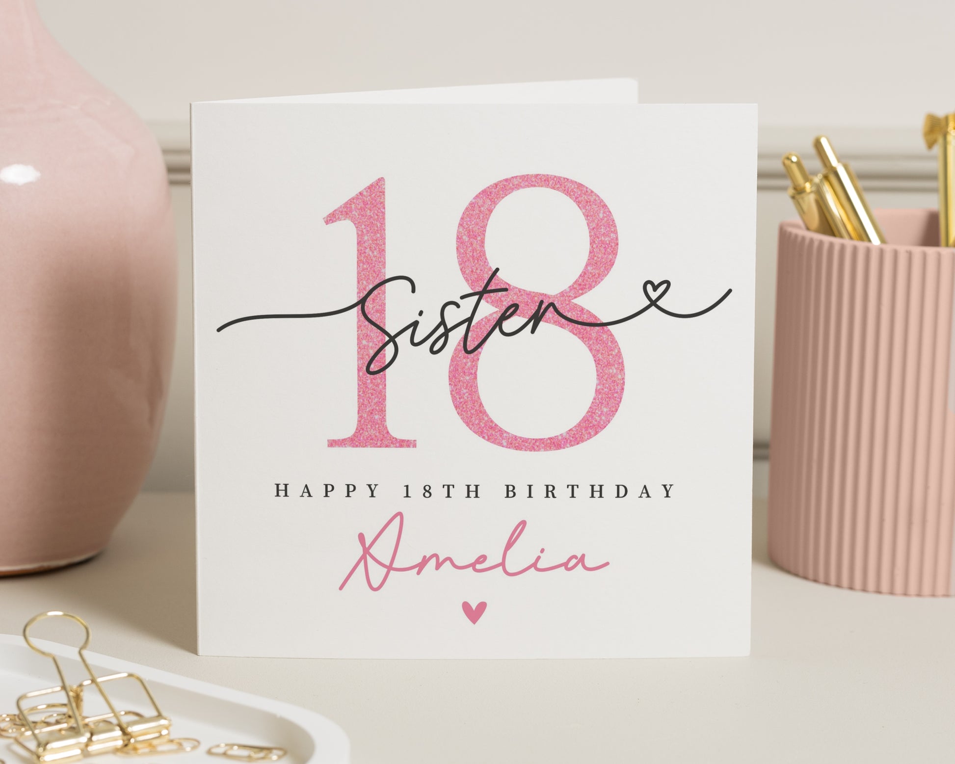 18th Birthday Card for Sister, Personalised 18th Birthday Card, Pink Glitter Effect, Custom Birthday Card for Her
