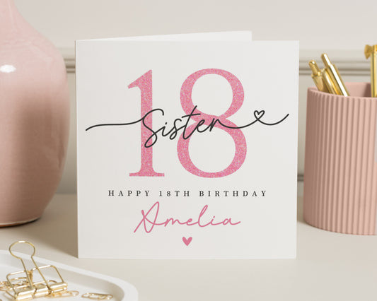 18th Birthday Card for Sister, Personalised 18th Birthday Card, Pink Glitter Effect, Custom Birthday Card for Her