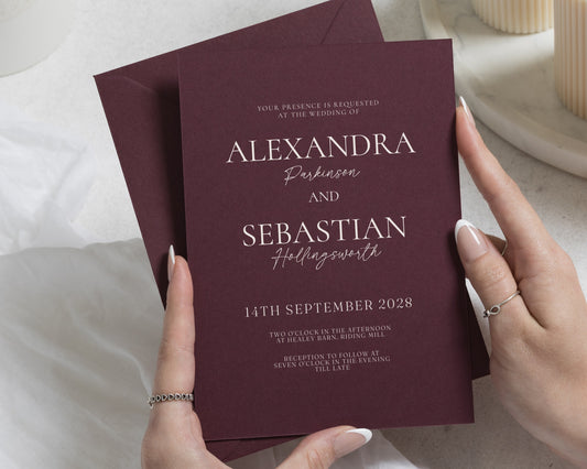 Burgundy Wedding Invitations, Elegant Typography Wedding Invites, Formal Wedding Stationery, Personalised Invitation Suite