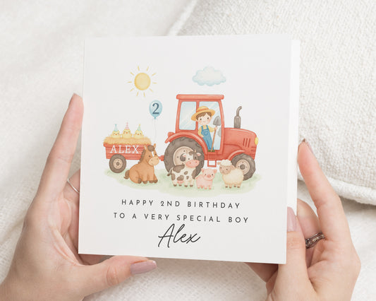 2nd Birthday Card for Boy, Personalised Tractor Birthday Card, Birthday Card for Son, Farm Animal Birthday Card, Special Boy Birthday Card