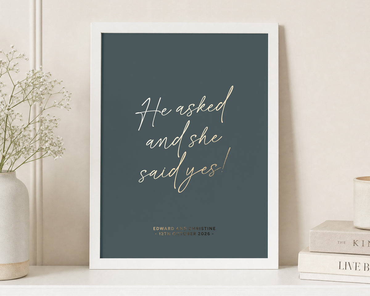 Personalised Engagement Print, He Asked and She Said Yes Wall Art, Blue Green Couple Print, Engagement Gift, White Framed Print
