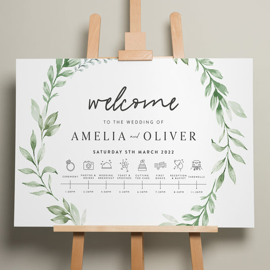 Floral Wedding Order Of Event, Botanical Wedding Timeline Sign, Order of the day, Order Of Events, Floral Wreath Wedding Itinerary &#39;Amelia&#39;