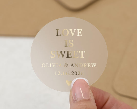 Love Is Sweet Wedding Sticker, Personalised Sweet Bag Sticker, Gold Foil Wedding Label, Custom Wedding Favour Sticker