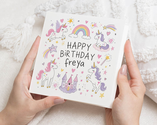Personalised Unicorn Birthday Card, Unicorn Birthday Card for Girl, Birthday Card for Daughter, Kids Birthday Card, Rainbow Birthday Card