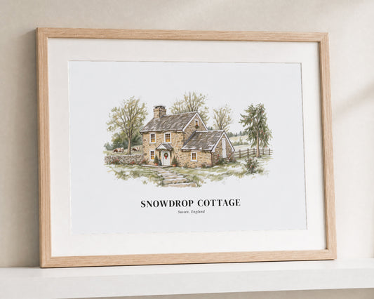 Personalised House Portrait Print, Custom Cottage Illustration, New Home Gift, House Warming Gift, Oak Framed Wall Art