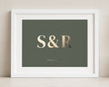Personalised Gold Foil Initials Print, Olive Green Wall Art, Couple Gift, Wedding Gift, Anniversary Gift, Living Room Art