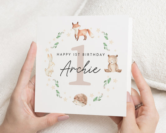 1st Birthday Card, Personalised Birthday Card, Woodland Animals Birthday Card, Birthday Card for Boy, Birthday Card for Girl, Cute Card