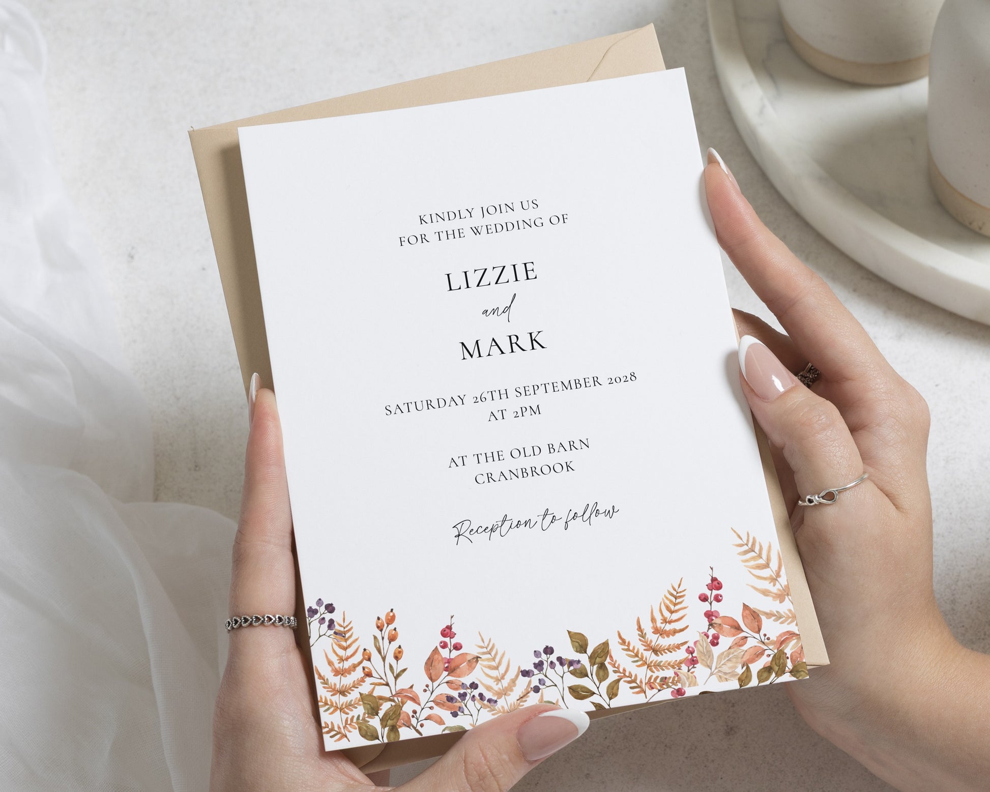 Autumn Wedding Invitations, Rustic Botanical Wedding Invite, Elegant Floral Wedding Invitation Suite, Personalised Wedding Stationery