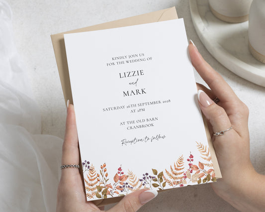 Autumn Wedding Invitations, Rustic Botanical Wedding Invite, Elegant Floral Wedding Invitation Suite, Personalised Wedding Stationery
