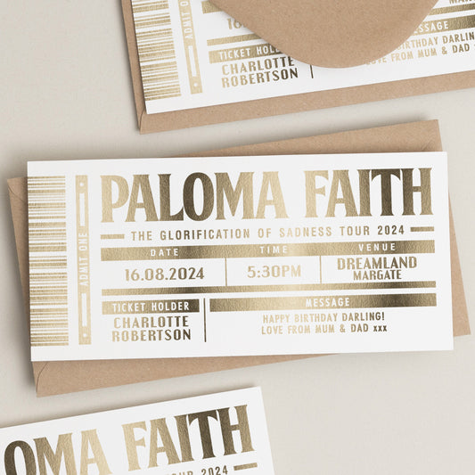 Personalised Gold Foil Gift Voucher, Paloma Faith Gig Ticket Gift Voucher, Foiled Concert Reveal, Paloma Faith Surprise Gig Ticket