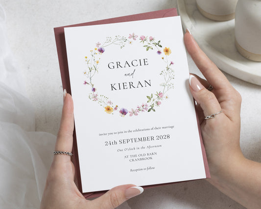 Blush Wildflower Wedding Invitations, Floral Wedding Invite, Botanical Garden Wedding Stationery, Personalised Invitation Suite