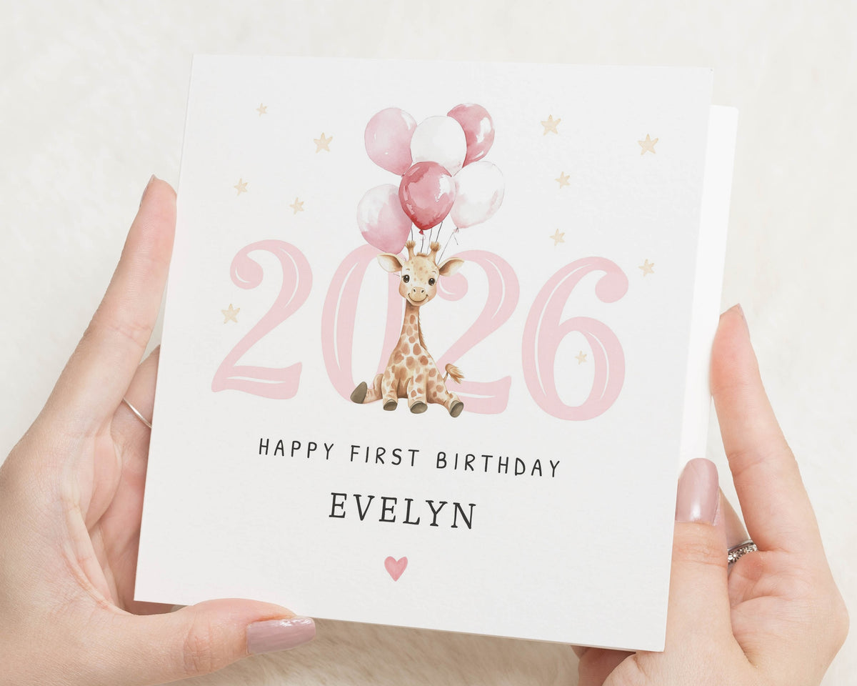 Personalised 1st Birthday Card, First Birthday Card for Girl, Daughter Birthday Card, Granddaughter Birthday Card, Giraffe Birthday Card