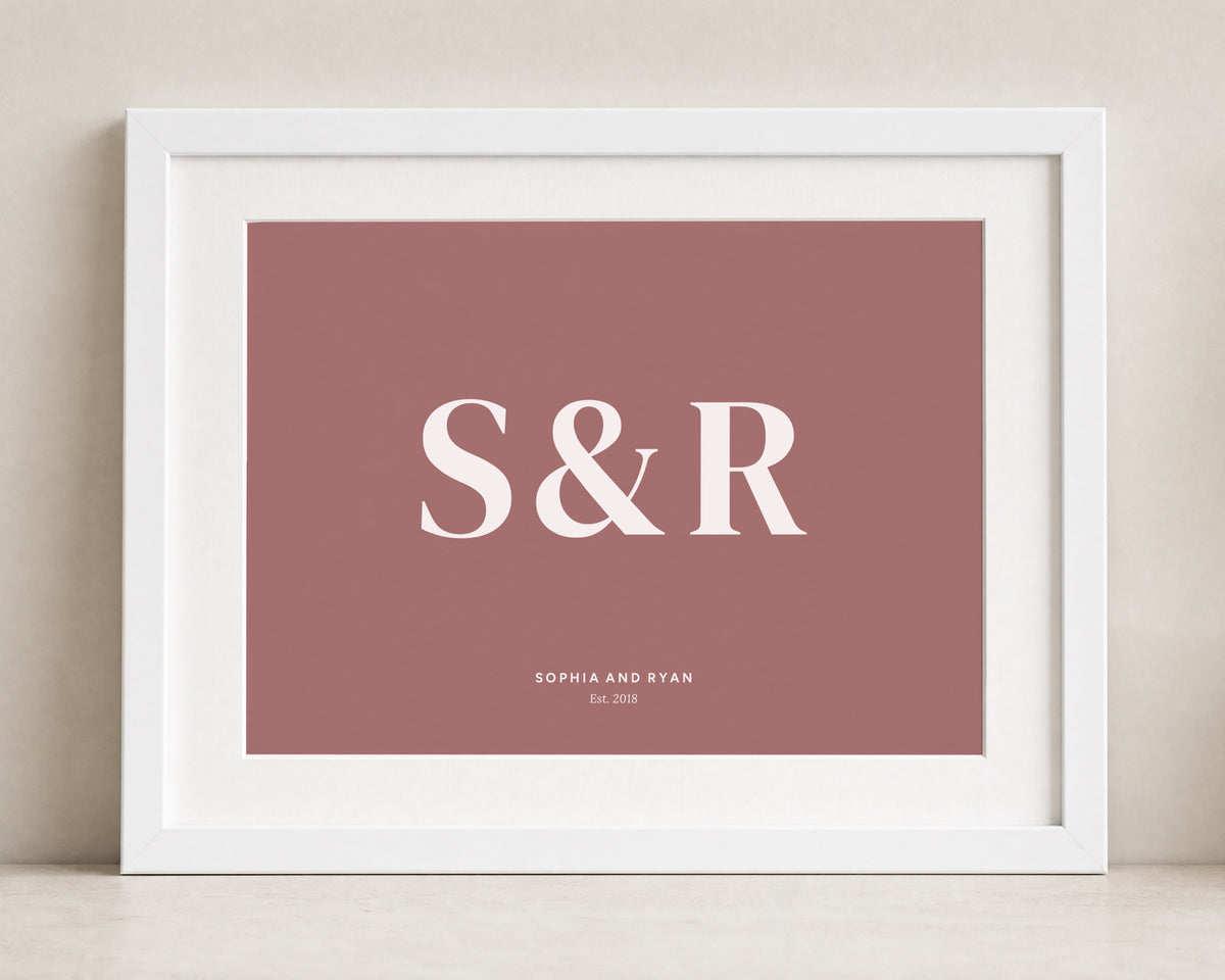 Personalised Couple Initials Print, Pink Wall Art, Anniversary Gift, Wedding Gift, Custom Names Date Print, White Framed Print