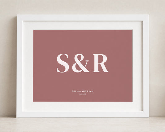 Personalised Couple Initials Print, Pink Wall Art, Anniversary Gift, Wedding Gift, Custom Names Date Print, White Framed Print