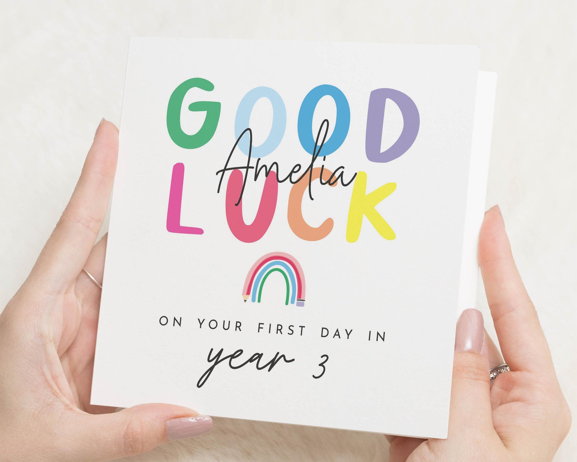 Good Luck Card for Kids, Personalised First Day Card, Good Luck Card for School, Rainbow Card, Good Luck Card for Girl, Year 3 Card