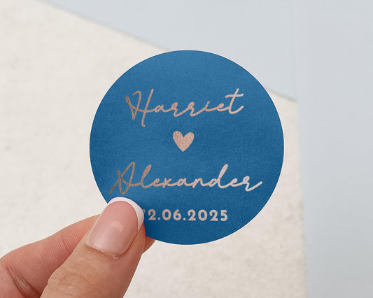 Personalised Wedding Sticker, Custom Name Wedding Label, Blue Foil Heart Sticker, Wedding Date Sticker, Engagement Party Sticker