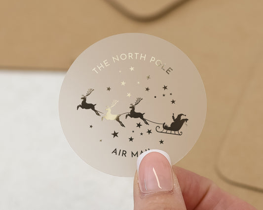 North Pole Air Mail Sticker, Santa Sleigh Sticker, Christmas Envelope Seal, Gold Foil Christmas Sticker, Festive Gift Label