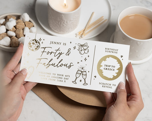 Scratch to Reveal Birthday Surprise Gift Voucher, Personalised 40th Birthday Card, Holiday Reveal, Trip Away Gift for Her