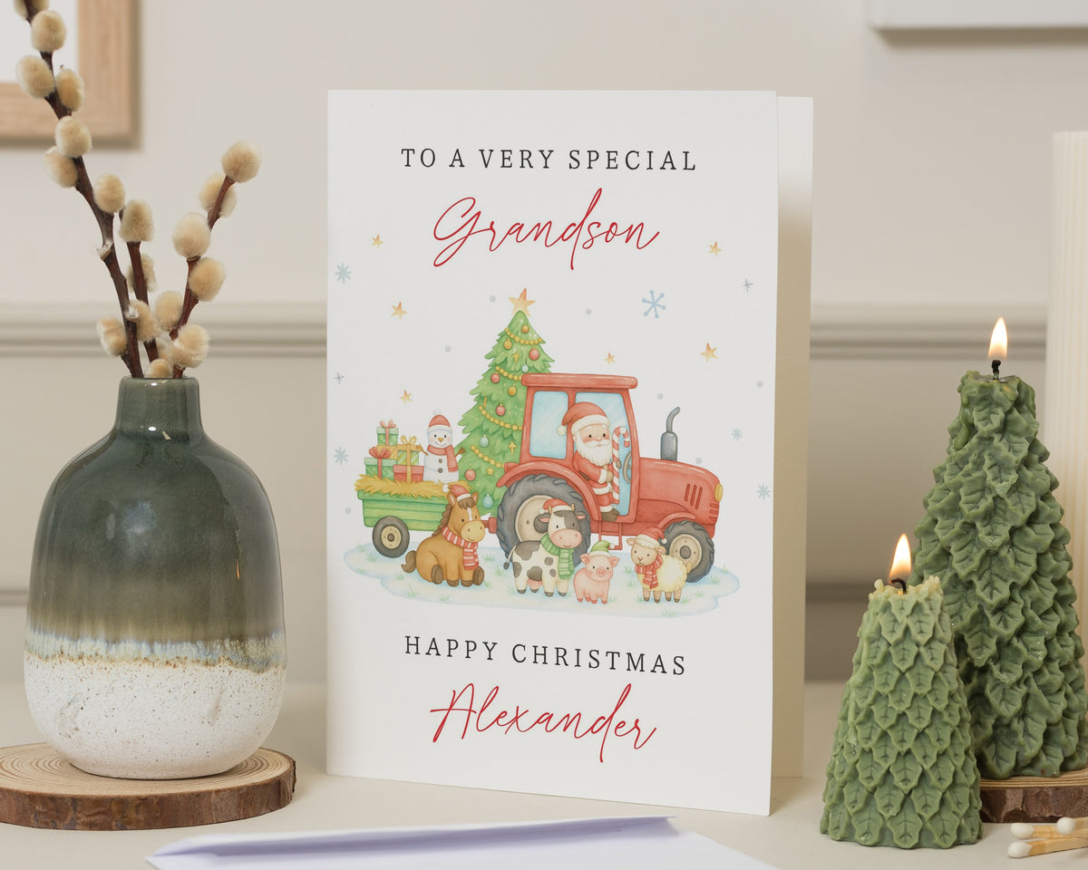Personalised Grandson Christmas Card, Christmas Card for Grandson, Grandson Xmas Card, Santa Tractor Card, Farm Christmas Card for Boys