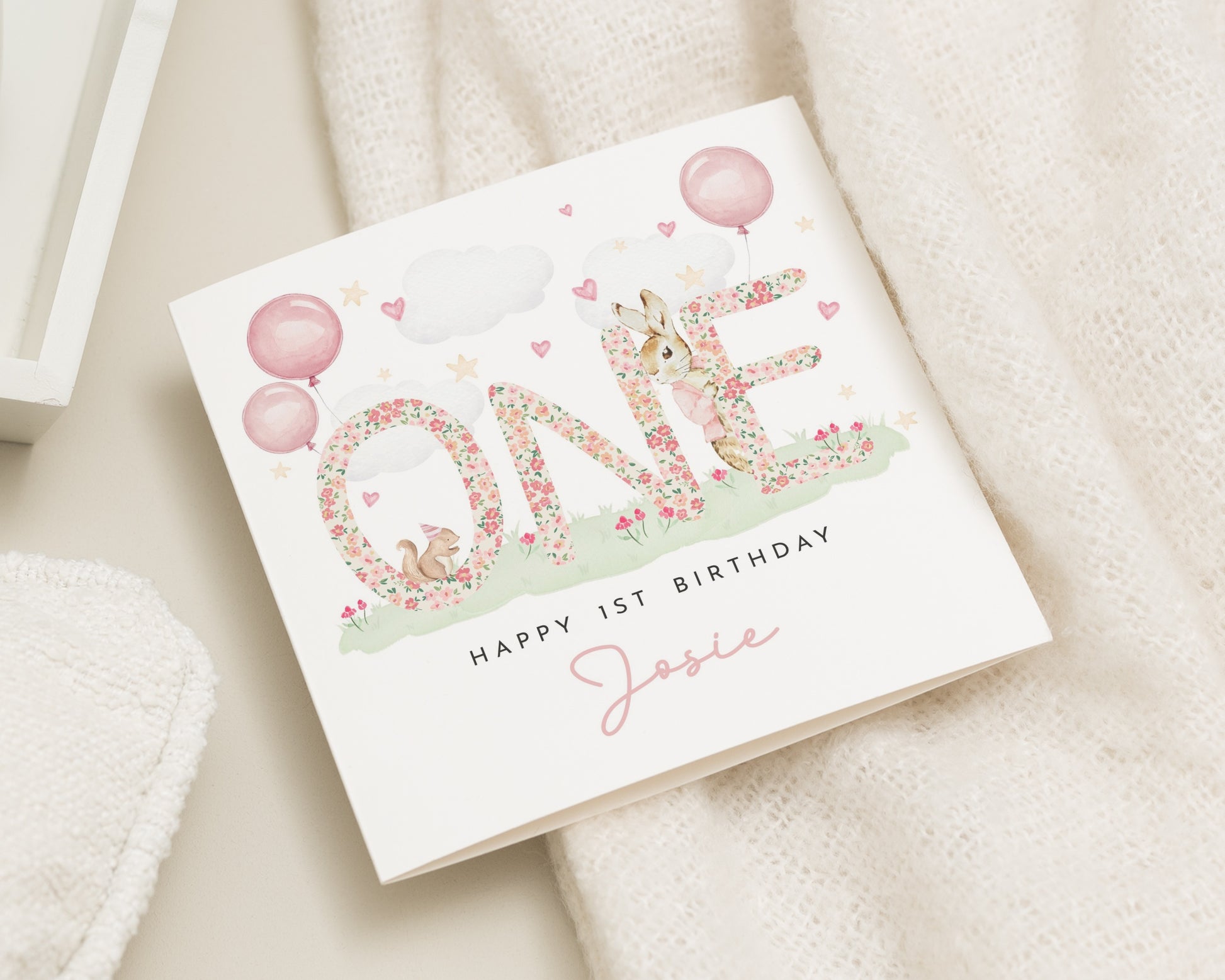 1st Birthday Card for Girl, Personalised One Birthday Card, Bunny Birthday Card, Custom First Birthday Card, Floral Birthday Card