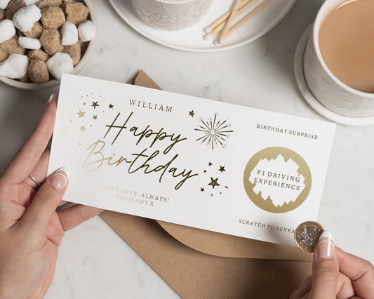 Personalised Birthday Gift Voucher, Scratch To Reveal, Birthday Surprise, Custom Experience Voucher, Gold Foil Gift Card