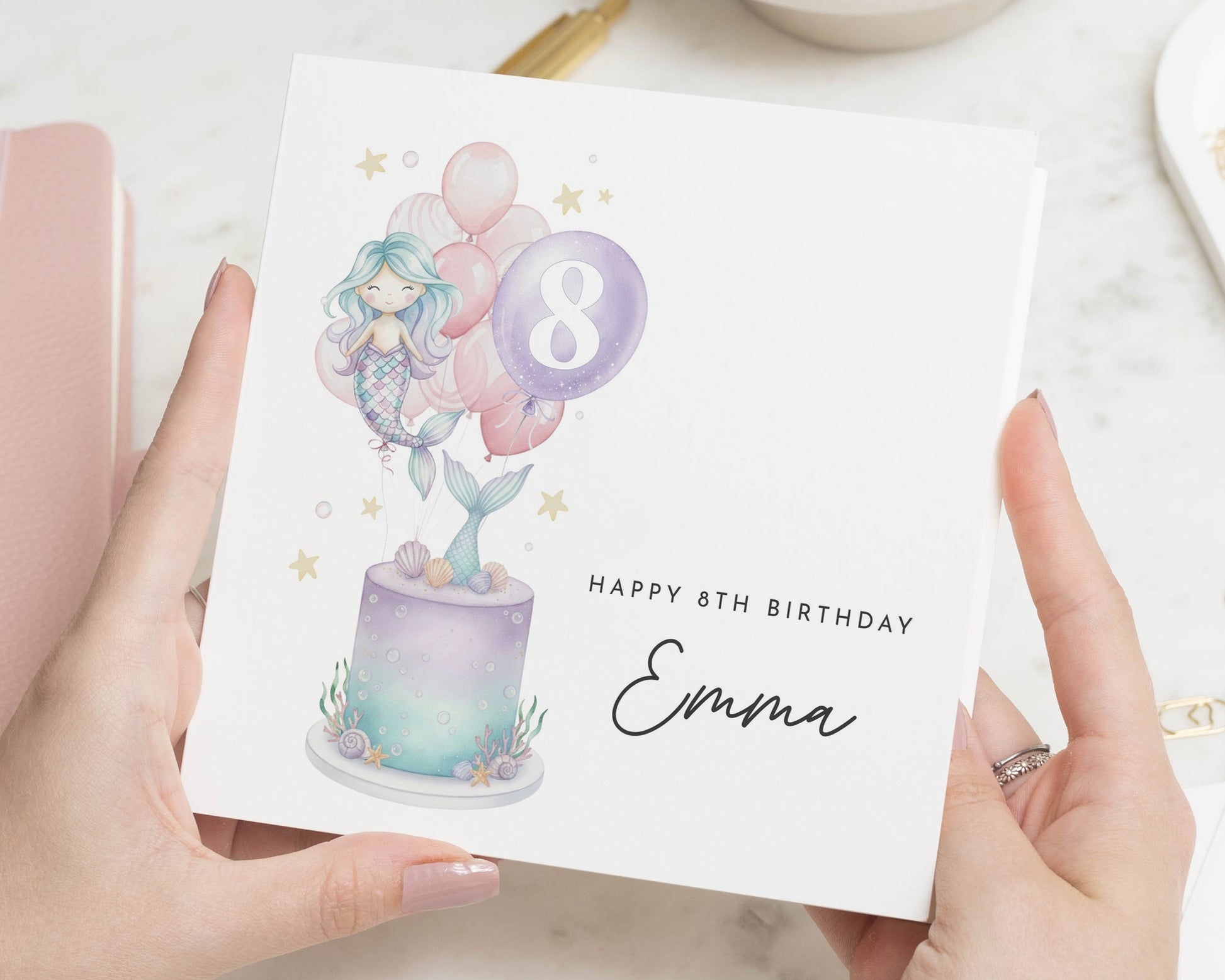 8th Birthday Card for Girl, Personalised Mermaid Birthday Card, Birthday Card for Daughter, Cute Birthday Card, Custom Age Birthday Card