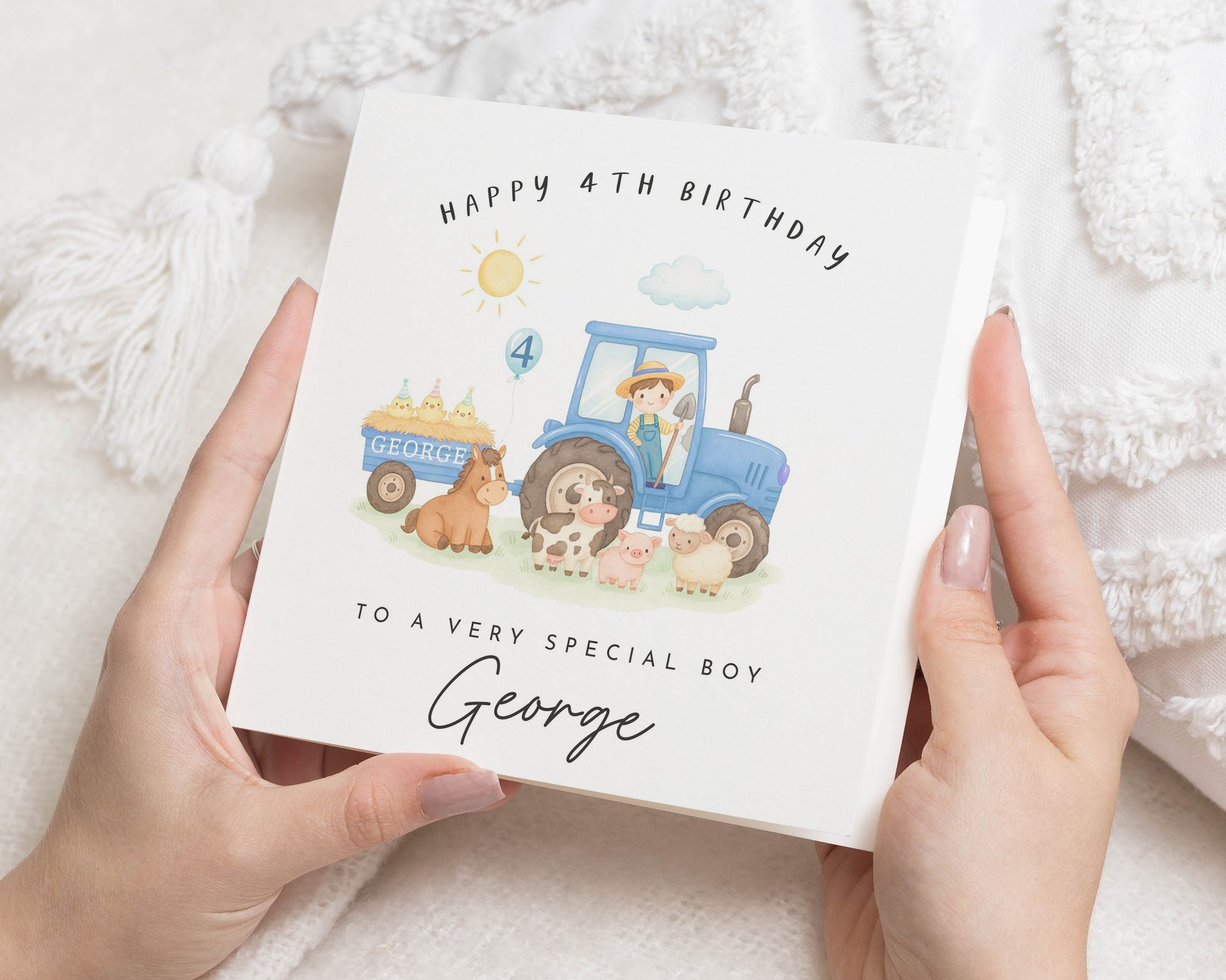 4th Birthday Card for Boy, Personalised Tractor Birthday Card, Birthday Card for Son, Special Birthday Card for Kids, Farm Animal Card