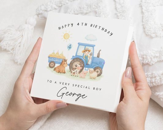 4th Birthday Card for Boy, Personalised Tractor Birthday Card, Birthday Card for Son, Special Birthday Card for Kids, Farm Animal Card