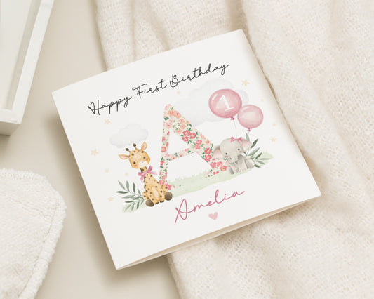 First Birthday Card for Girl, Personalised 1st Birthday Card, Giraffe Elephant Card, Cute Animal Birthday Card, Custom Name Card