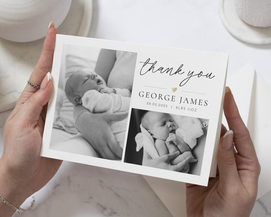 Baby Photo Thank You Cards, Black & White Photo Thank You Cards, Baby Personalised Thank You Card, Baby Announcement Cards, Thank You Notes