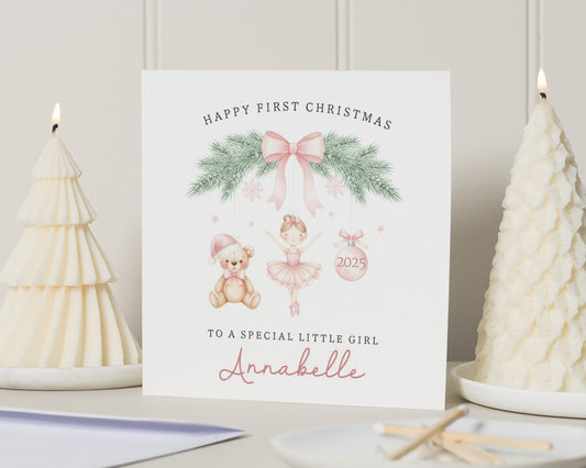 First Christmas Card for Girl, Personalised Baby Christmas Card, Special Little Girl Christmas Card, Ballerina Teddy Card