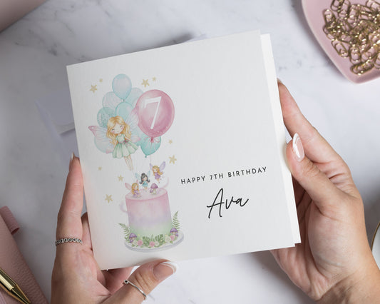 7th Birthday Card for Girl, Personalised Fairy Birthday Card, Birthday Card for Daughter, Granddaughter, Niece, Cute Kids Birthday Card